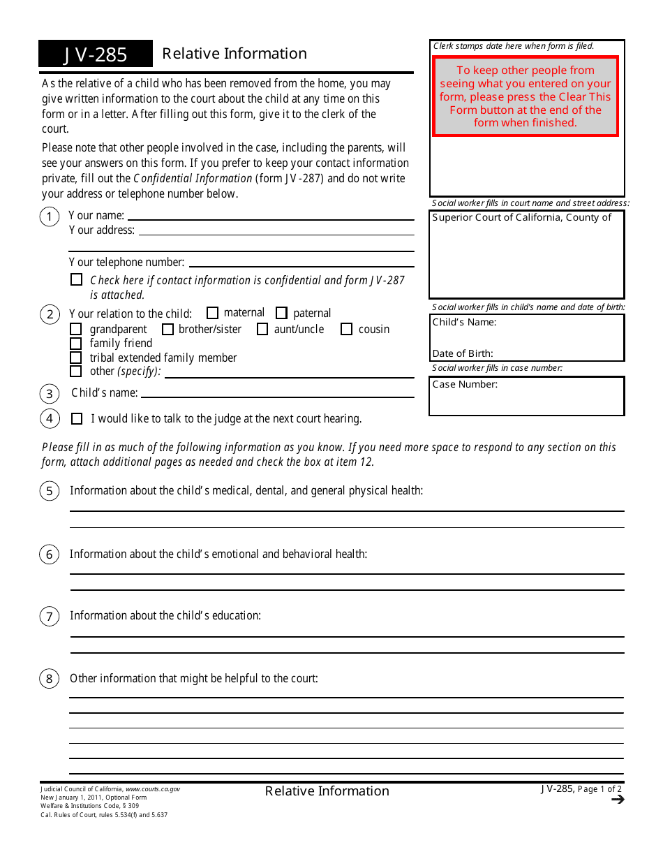 Form JV-285 Relative Information - California, Page 1