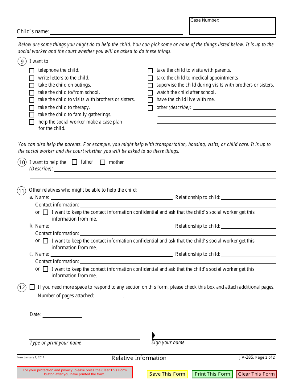 Form JV-285 Relative Information - California, Page 2