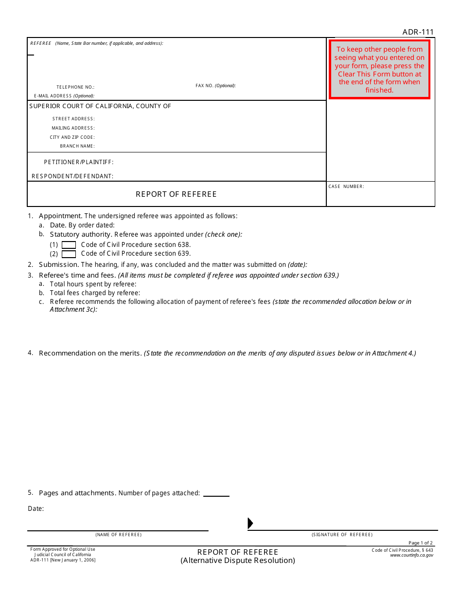Form ADR-111 Report of Referee - California, Page 1