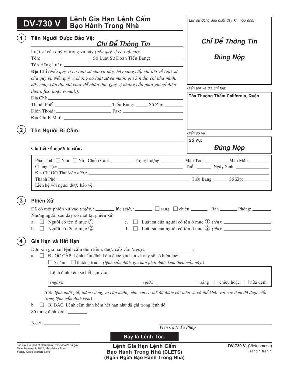 Form DV-730 V Order to Renew Domestic Violence Restraining Order - California (Vietnamese), Page 1
