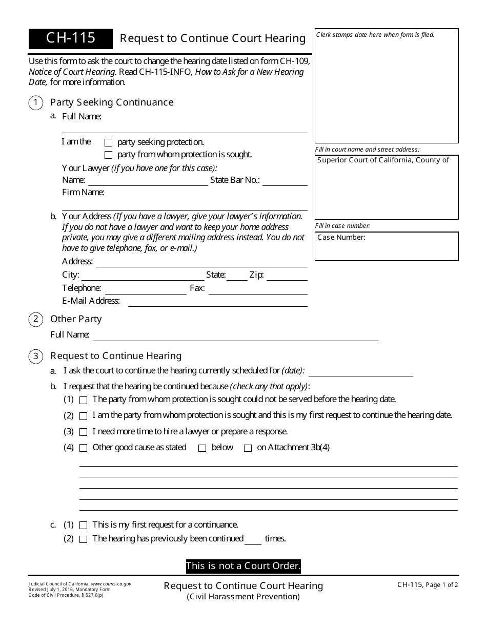 Form CH-115 Request to Continue Court Hearing - California, Page 1