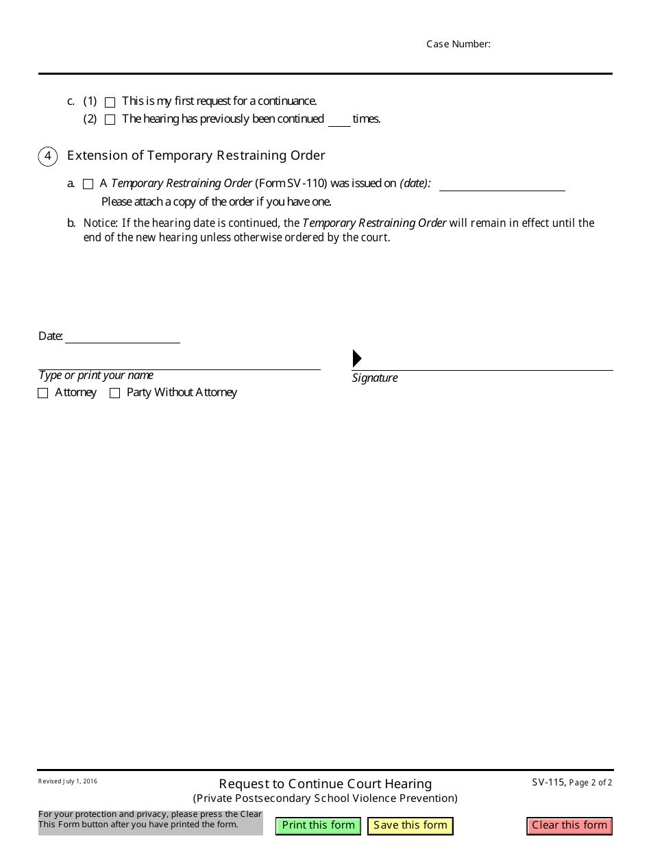Form SV-115 Request to Continue Court Hearing - California, Page 2