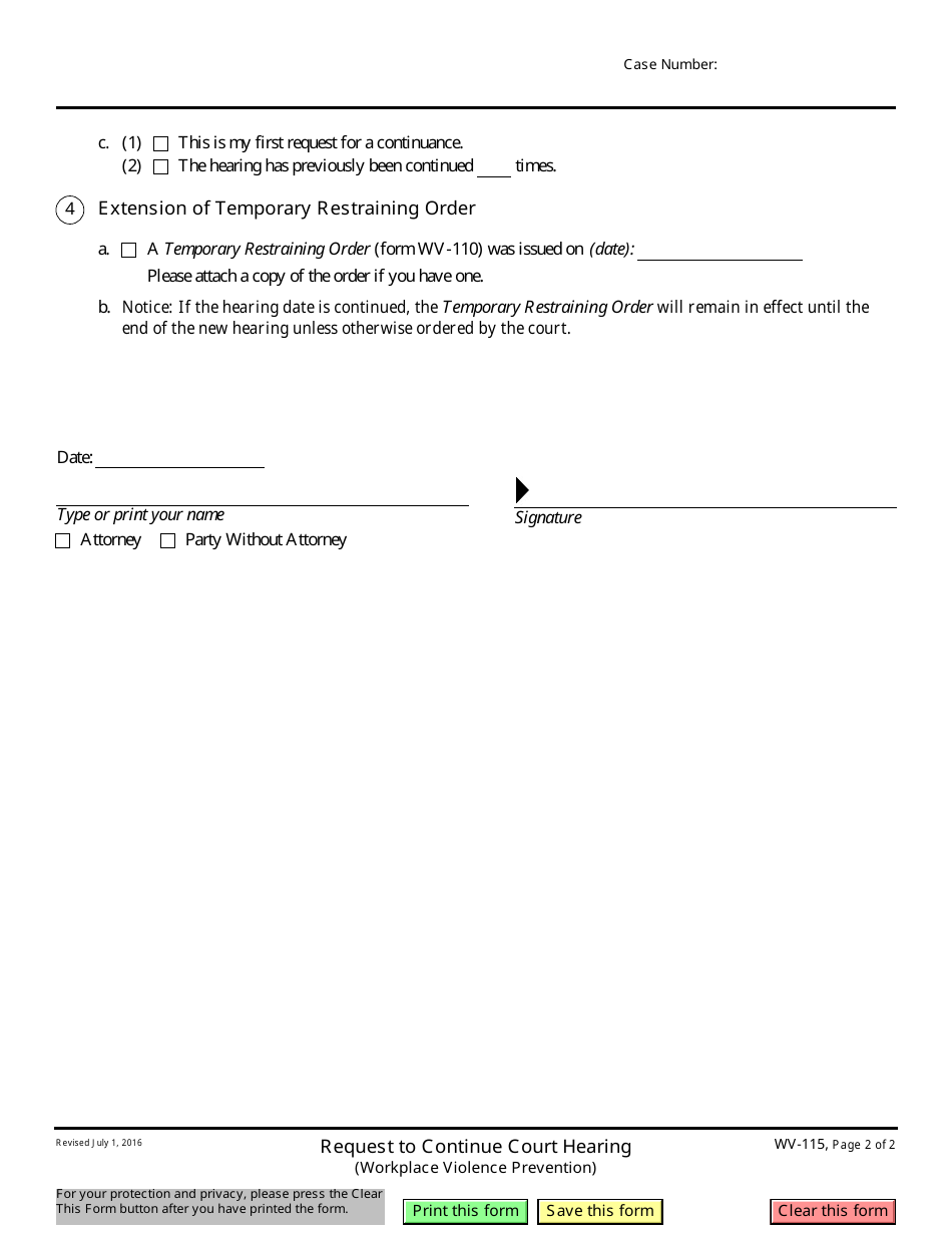 Form WV-115 Request to Continue Court Hearing - California, Page 2