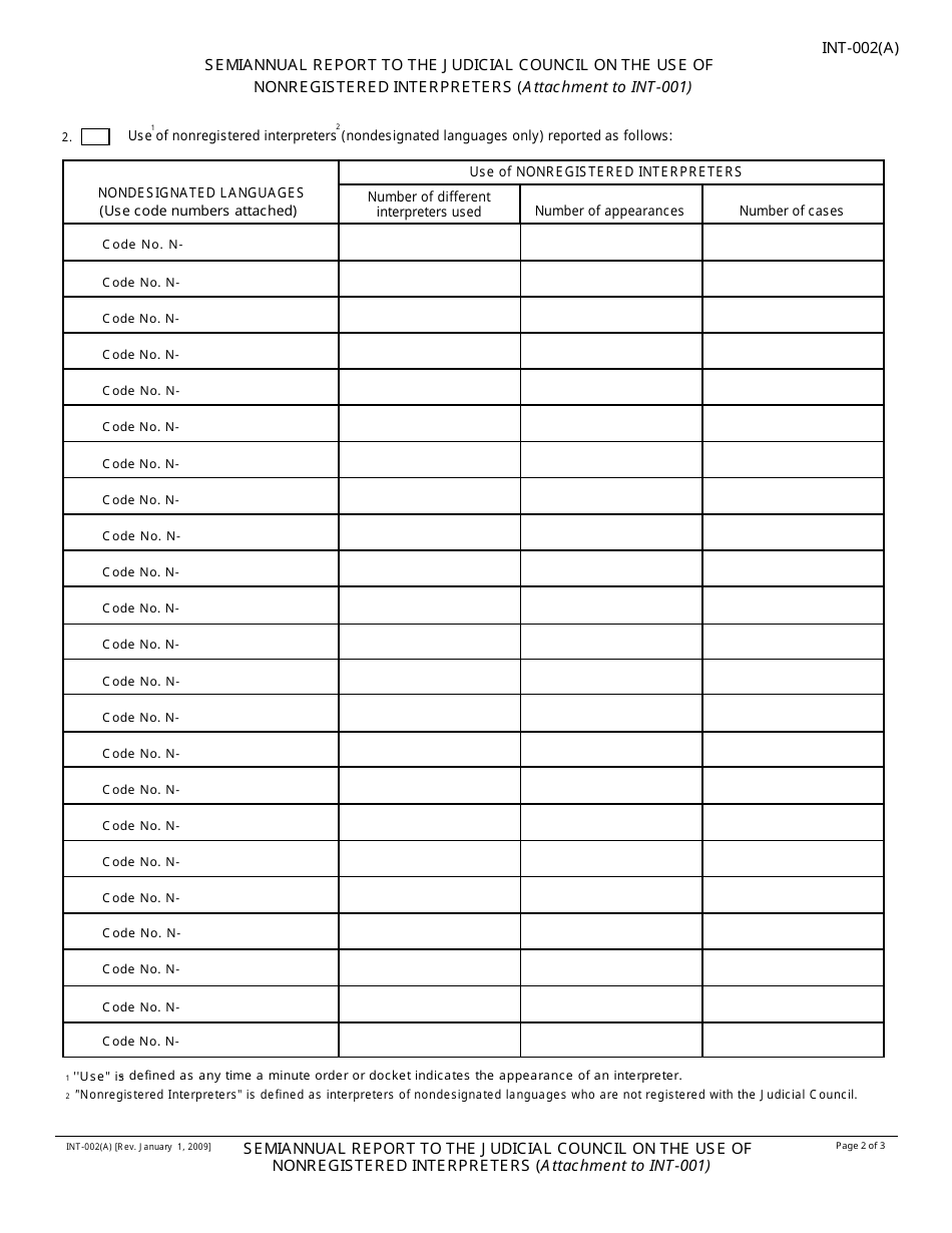Form INT-002(A) Semiannual Report to the Judicial Council on the Use of Nonregistered Interpreters (Attachment to Int-001) - California, Page 2