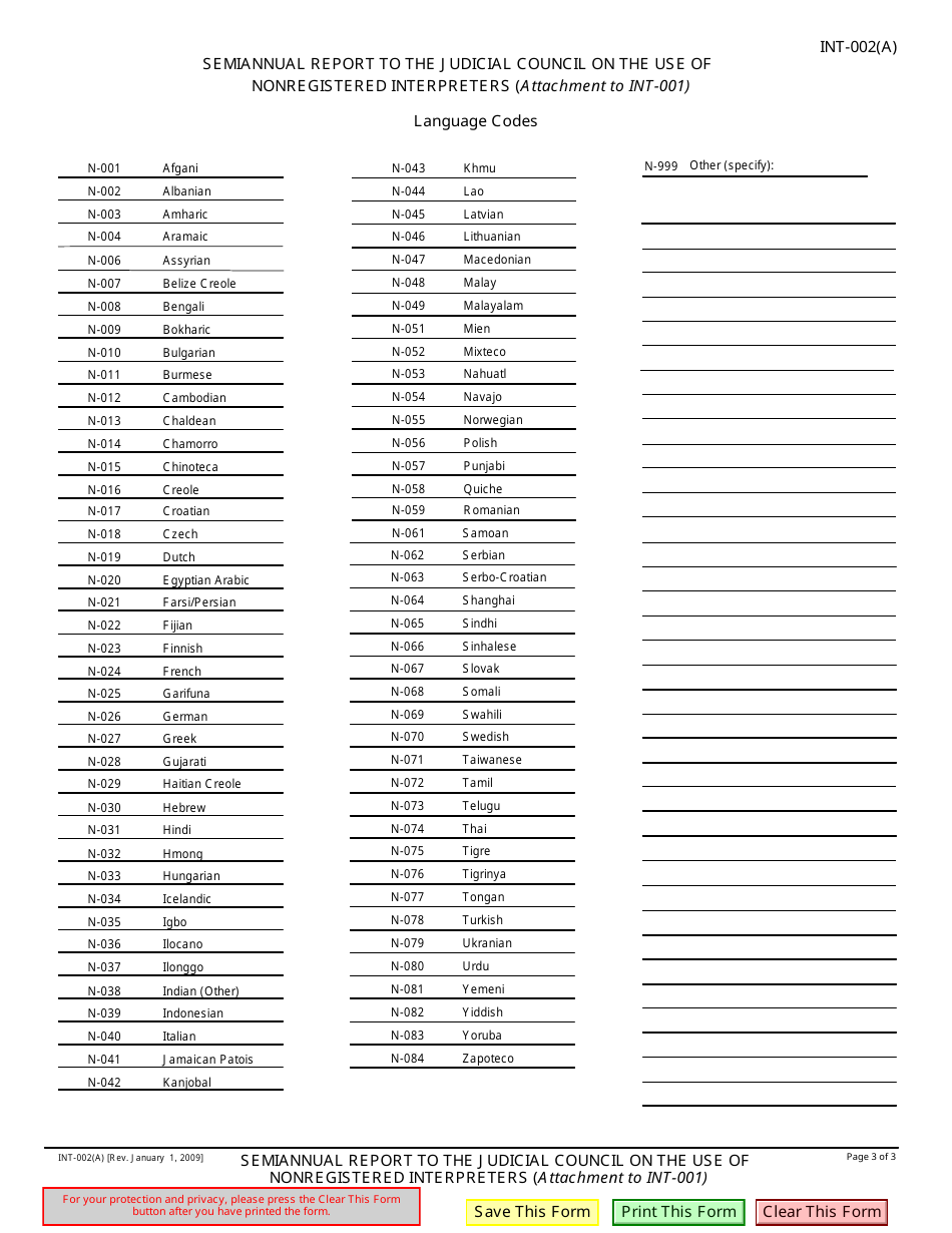 Form INT-002(A) Semiannual Report to the Judicial Council on the Use of Nonregistered Interpreters (Attachment to Int-001) - California, Page 3