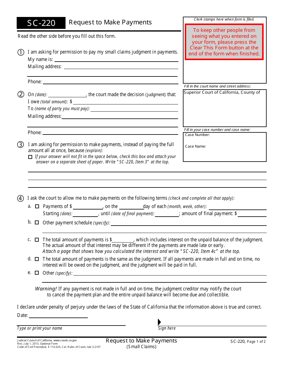 Form SC-220 Request to Make Payments - California, Page 1