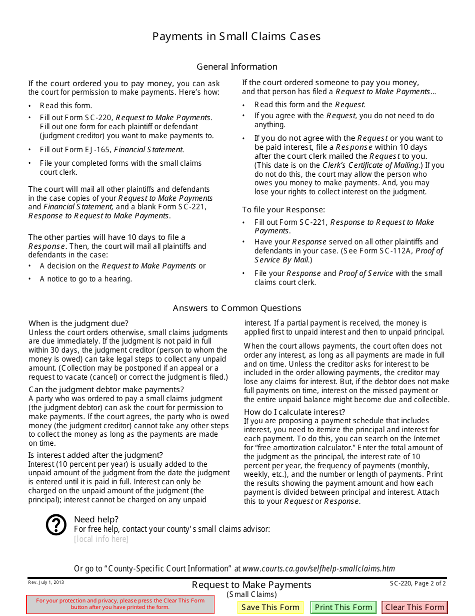 Form SC-220 Request to Make Payments - California, Page 2