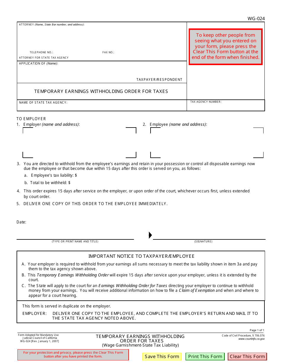 Form WG-024 Temporary Earnings Withholding Order for Taxes - California, Page 1