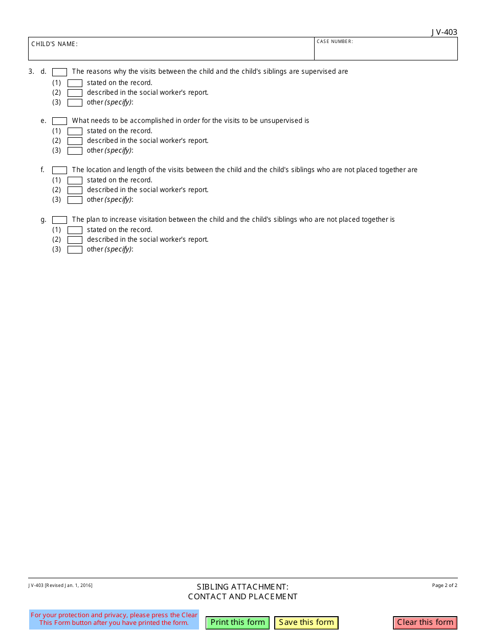 Form JV-403 Sibling Attachment: Contact and Placement - California, Page 2