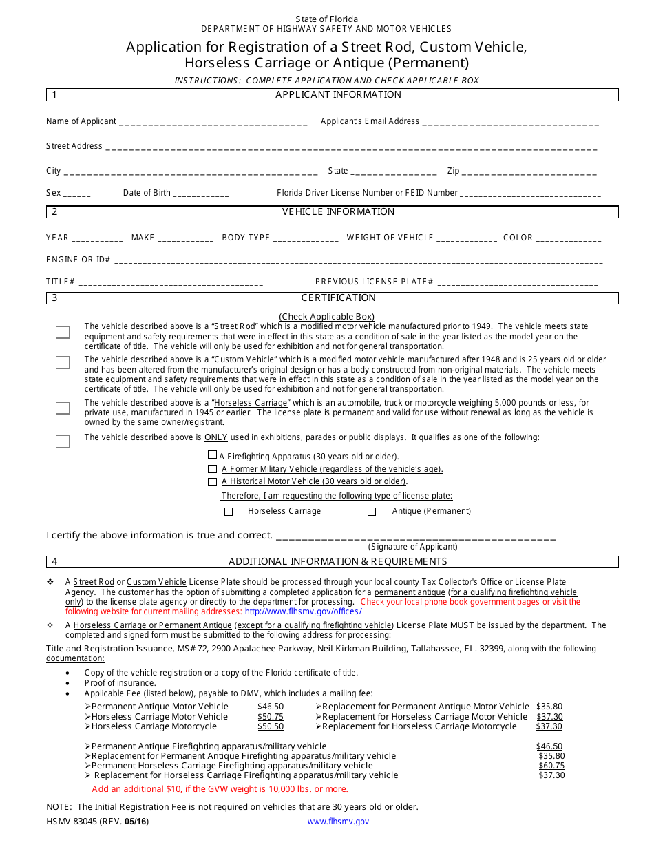 Form HSMV83045 Application for Registration of a Street Rod, Custom Vehicle, Horseless Carriage or Antique (Permanent) - Florida, Page 1