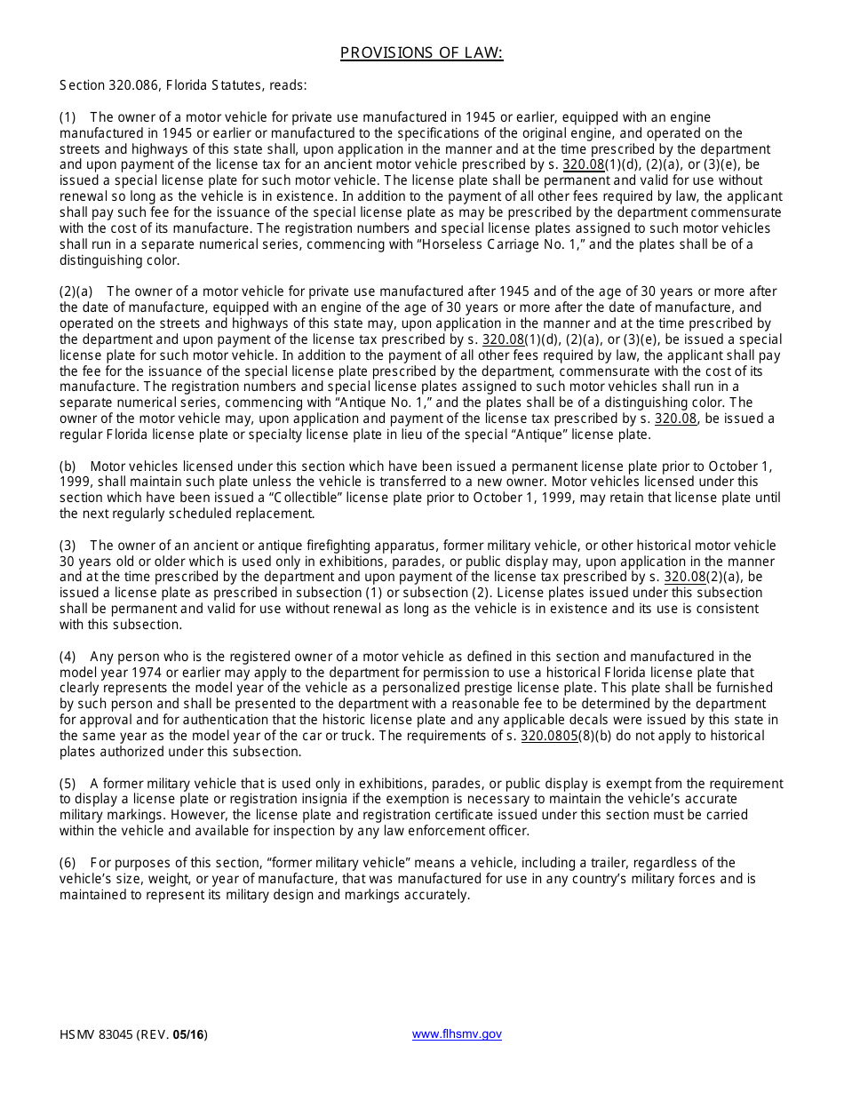 Form HSMV83045 Application for Registration of a Street Rod, Custom Vehicle, Horseless Carriage or Antique (Permanent) - Florida, Page 2
