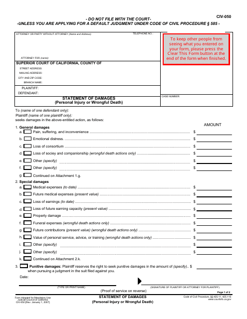 Form CIV-050  Printable Pdf