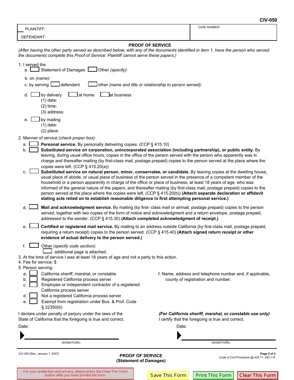 Form CIV-050 Statement of Damages (Personal Injury or Wrongful Death) - California, Page 2