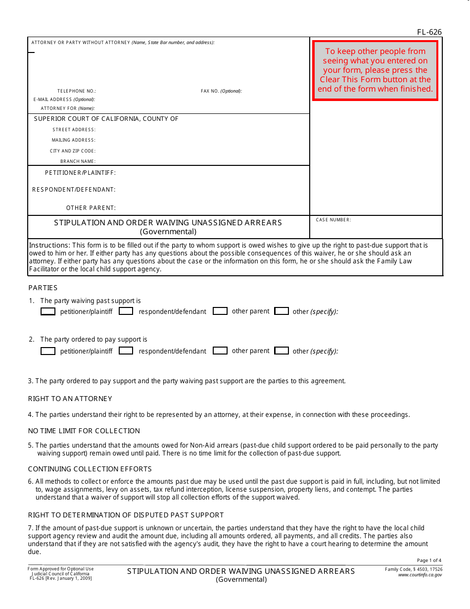 Form FL-626 Stipulation and Order Waiving Unassigned Arrears - California, Page 1