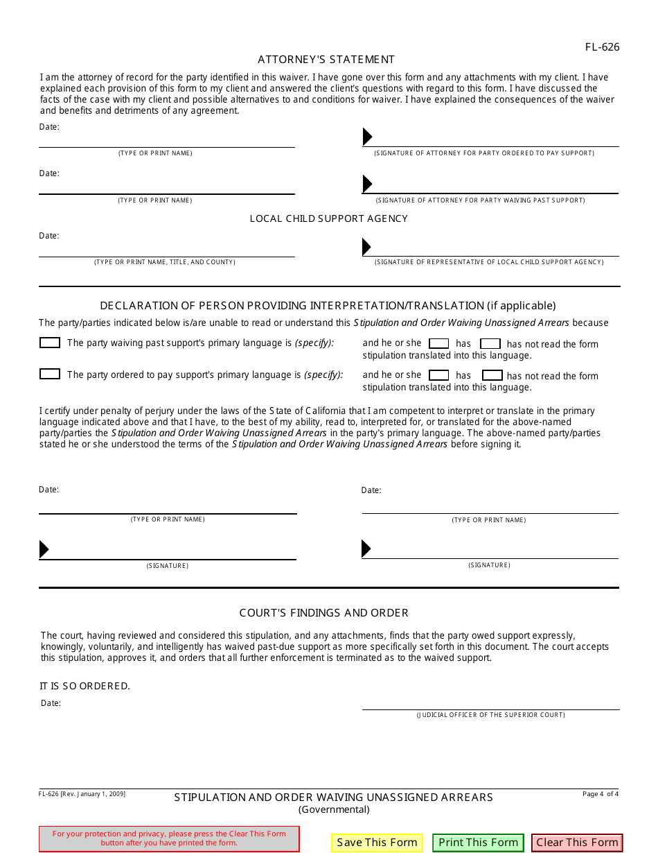Form FL-626 Stipulation and Order Waiving Unassigned Arrears - California, Page 4