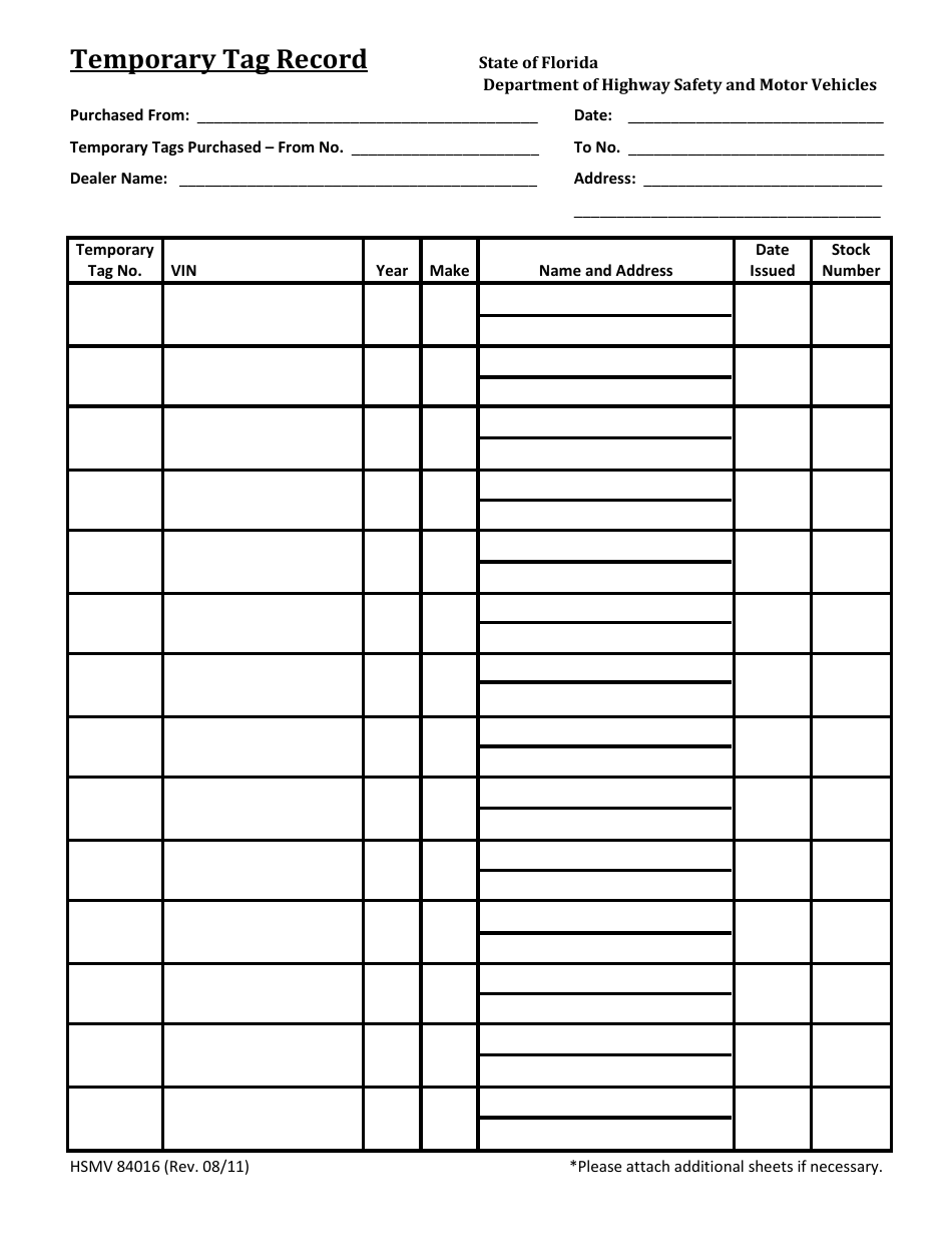 Form HSMV84016 Download Fillable PDF or Fill Online Temporary Tag