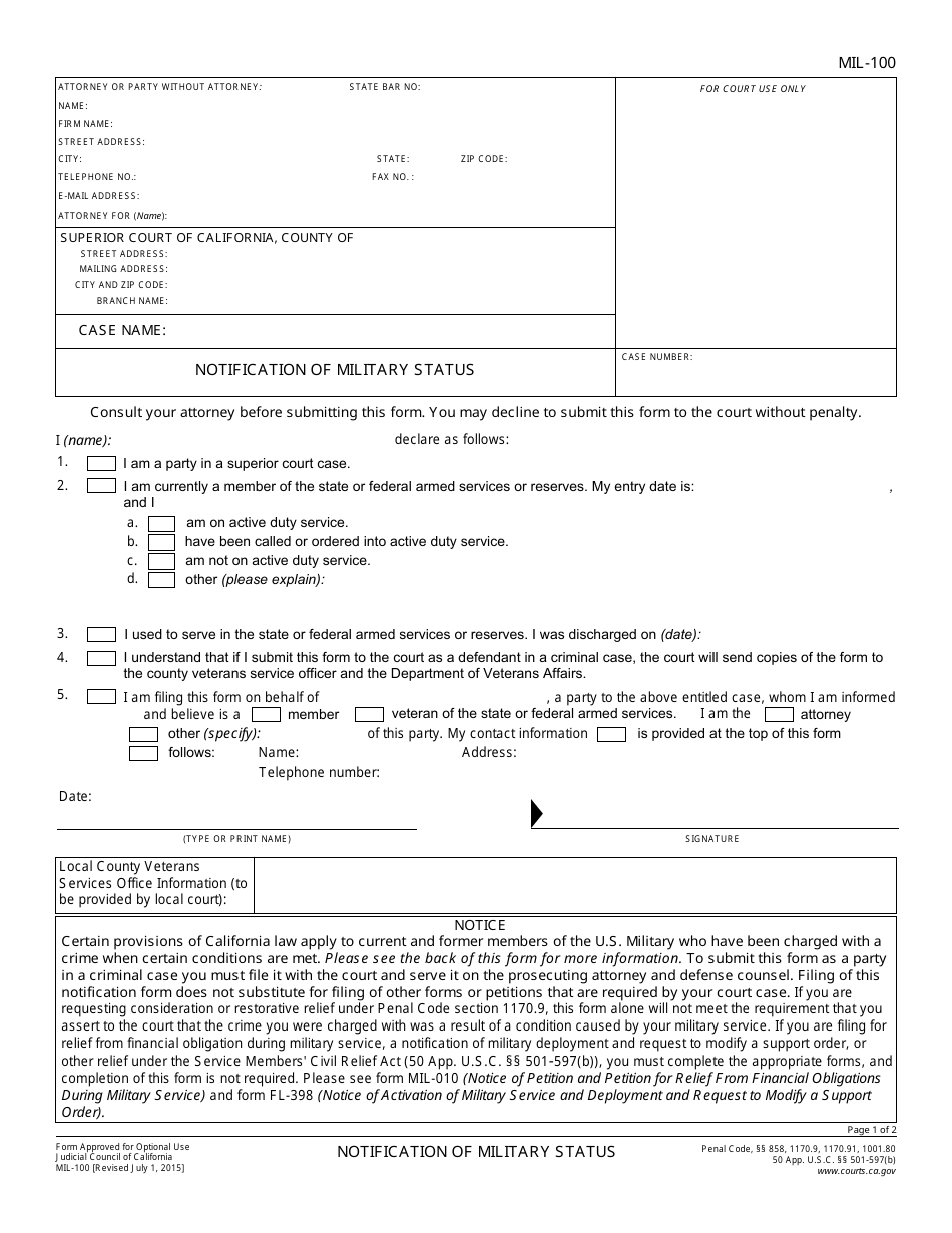 Form MIL-100 Notification of Military Status - California, Page 1