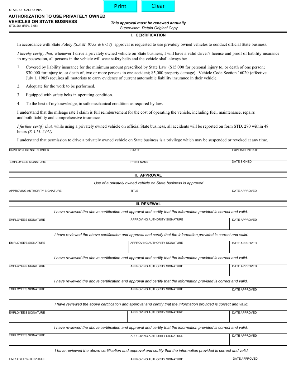 Form STD.261 Authorization to Use Privately Owned Vehicles on State Business - California, Page 1