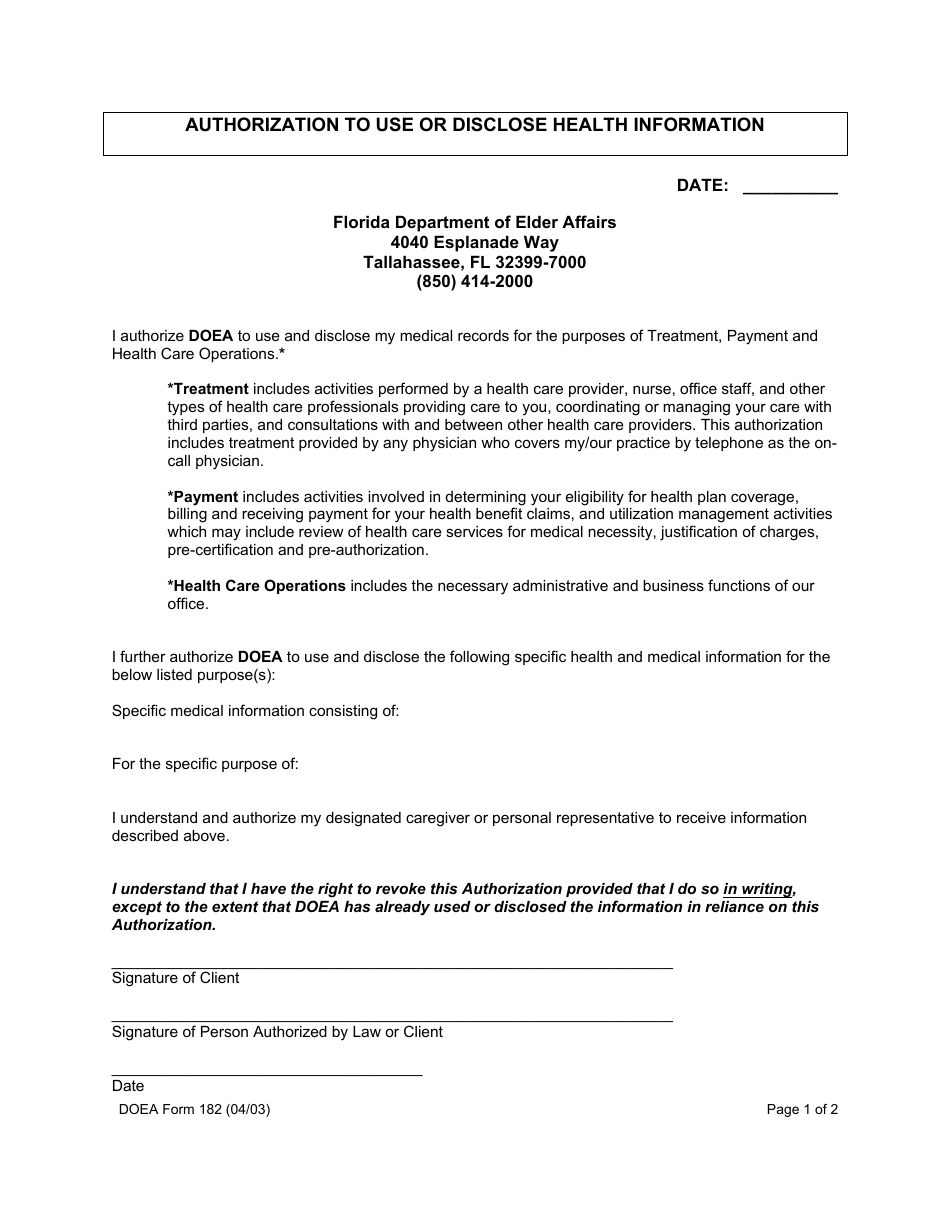 DOEA Form 182 Authorization to Use or Disclose Health Information - Florida, Page 1