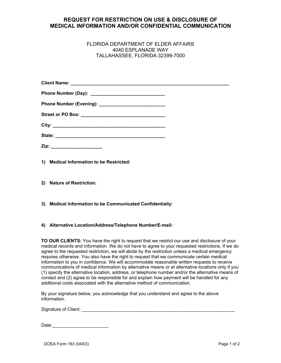 DOEA Form 183 Request for Restriction on Use  Disclosure of Medical Information and / or Confidential Communication - Florida, Page 1
