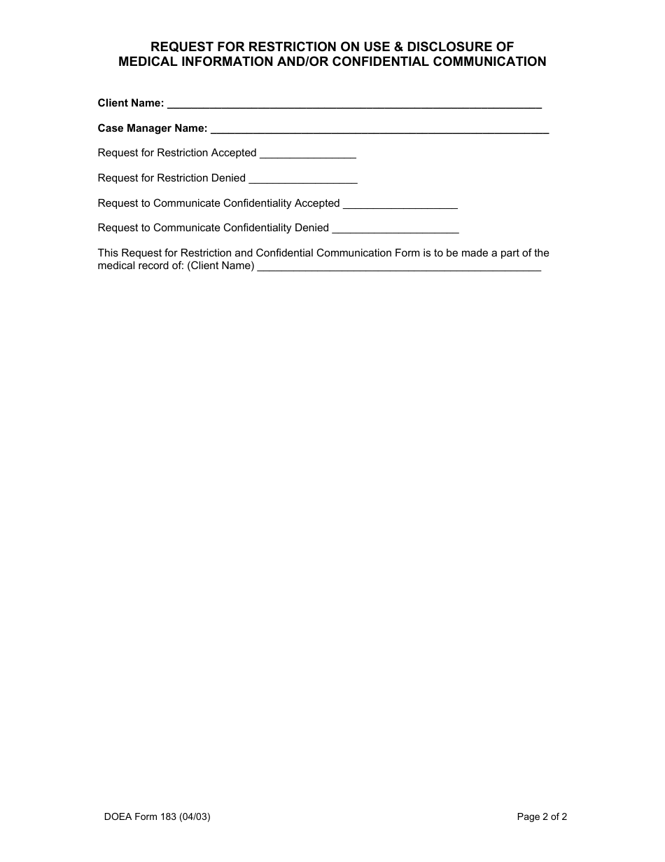 DOEA Form 183 Request for Restriction on Use  Disclosure of Medical Information and / or Confidential Communication - Florida, Page 2