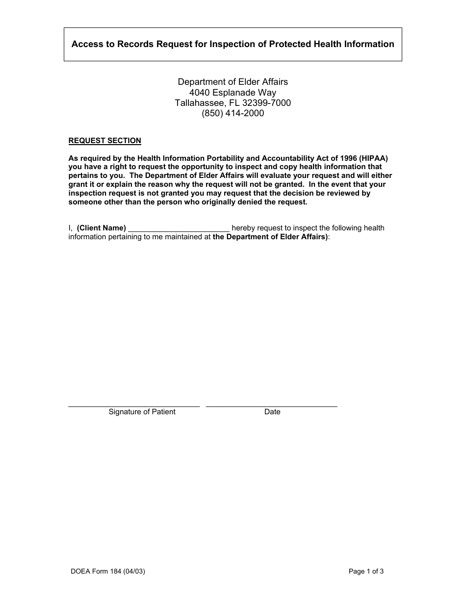DOEA Form 184 Access to Records Request for Inspection of Protected Health Information (Phi) - Florida, Page 1