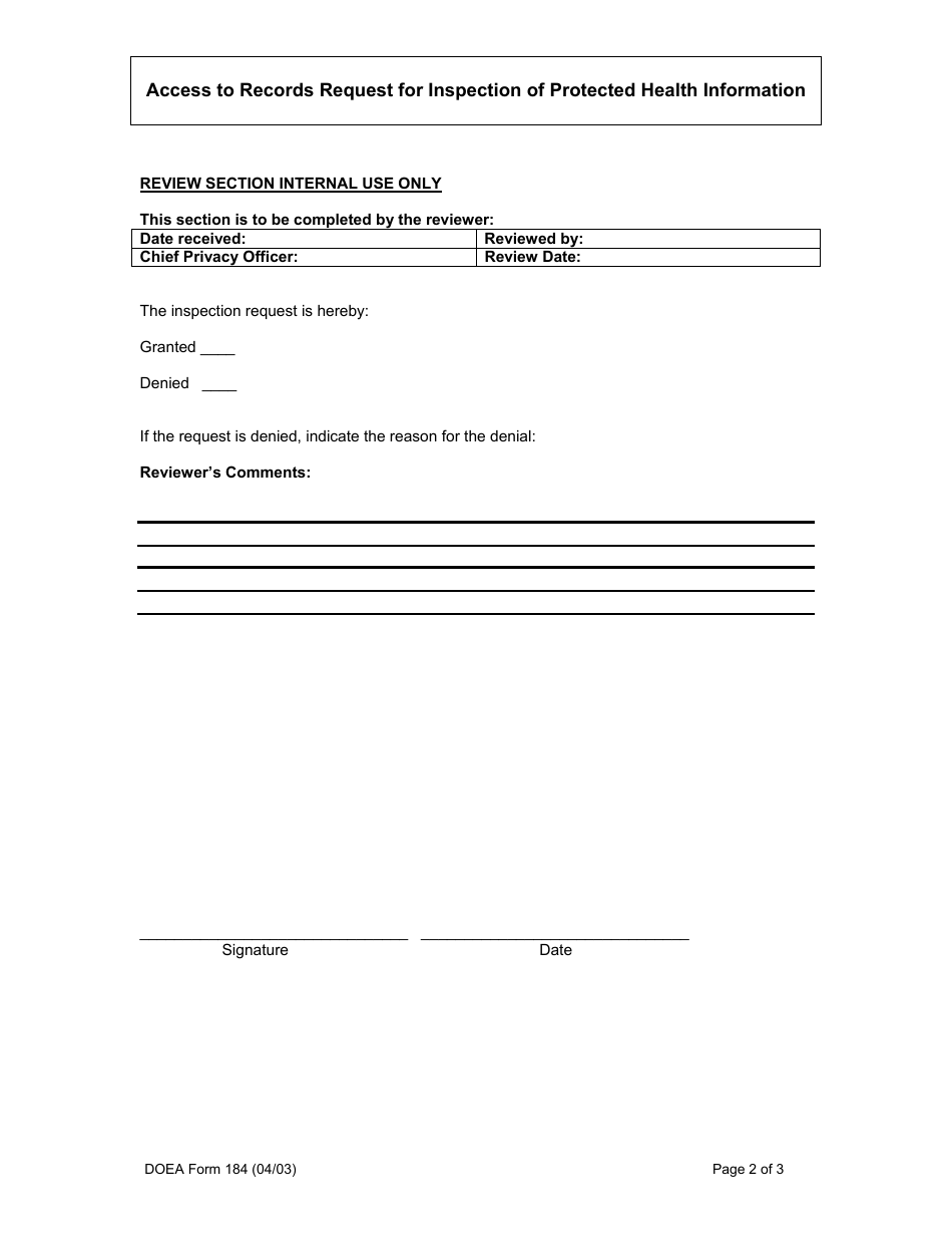 DOEA Form 184 Access to Records Request for Inspection of Protected Health Information (Phi) - Florida, Page 2