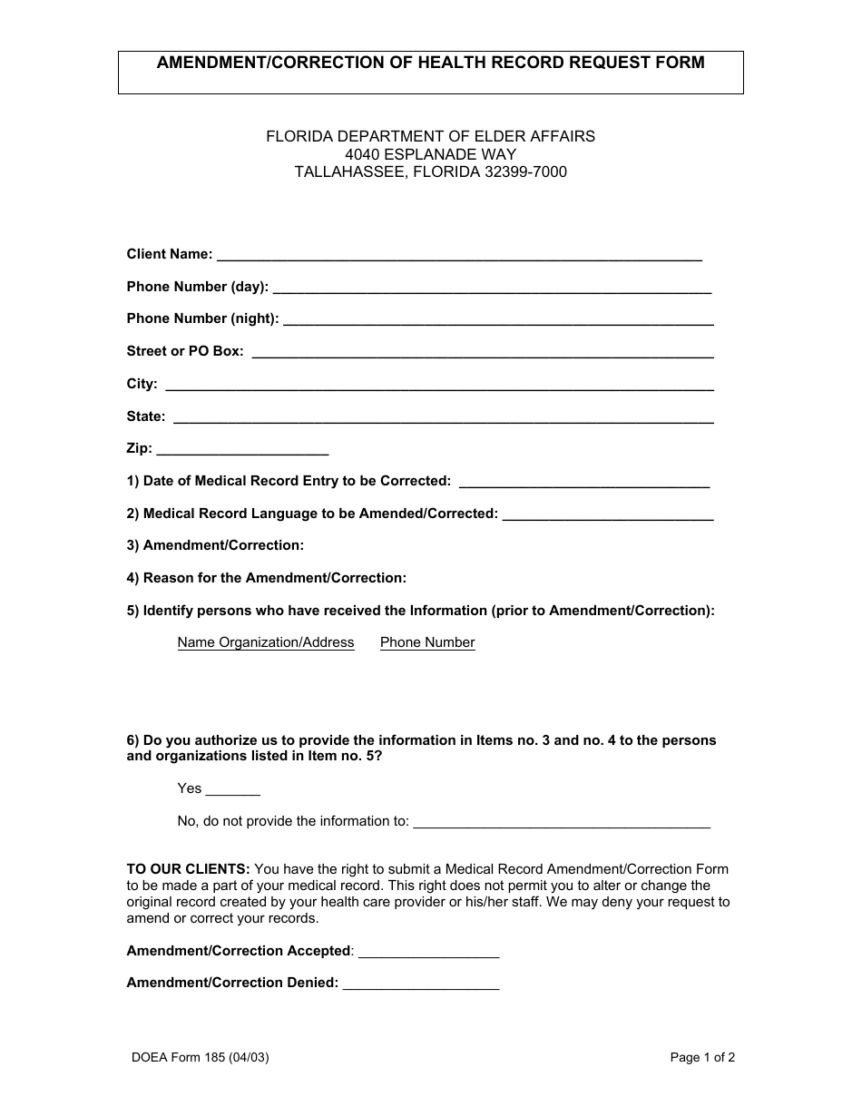 DOEA Form 185 Amendment / Correction of Health Record Request Form - Florida, Page 1