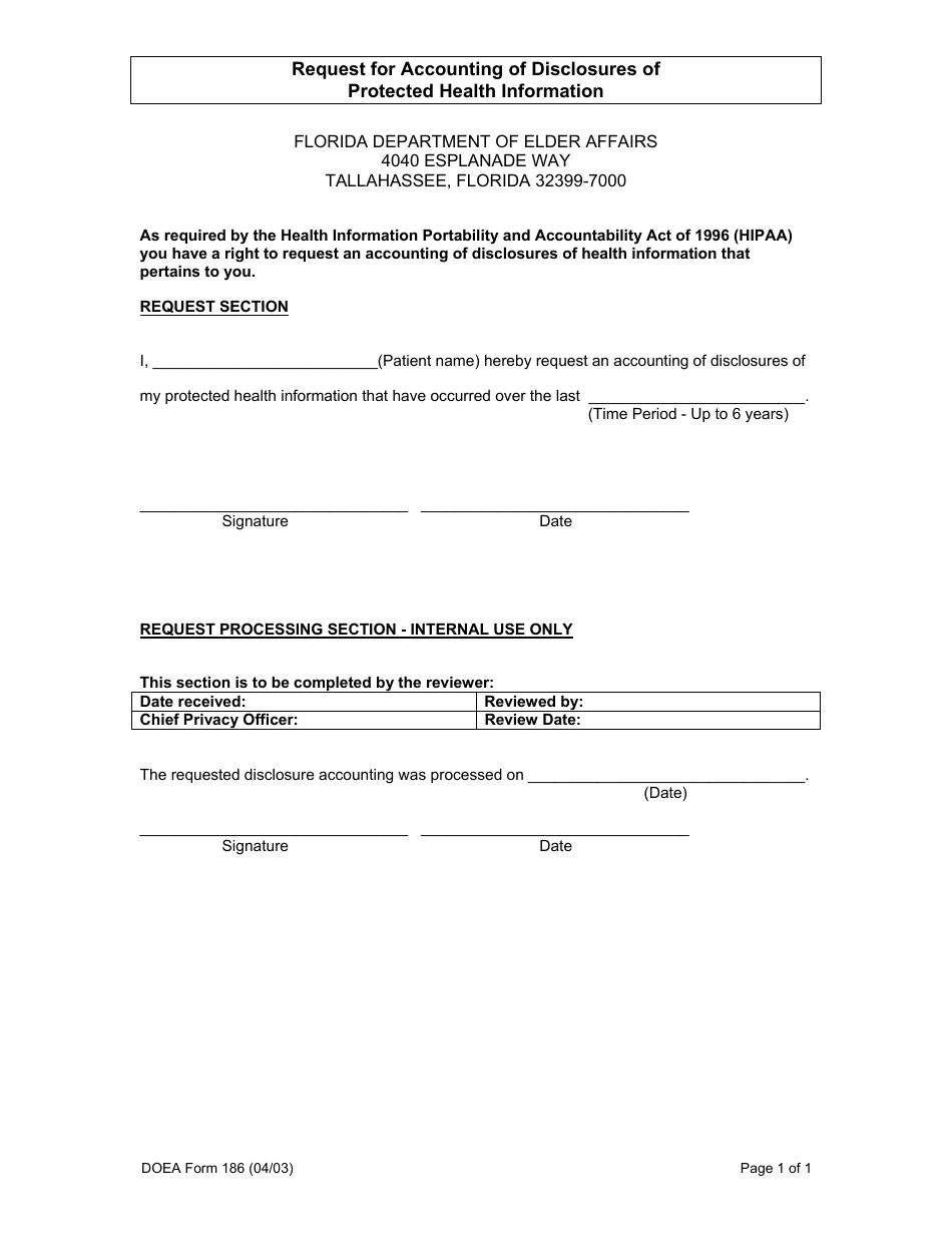 DOEA Form 186 Request for Accounting of Disclosures of Protected Health Information - Florida, Page 1