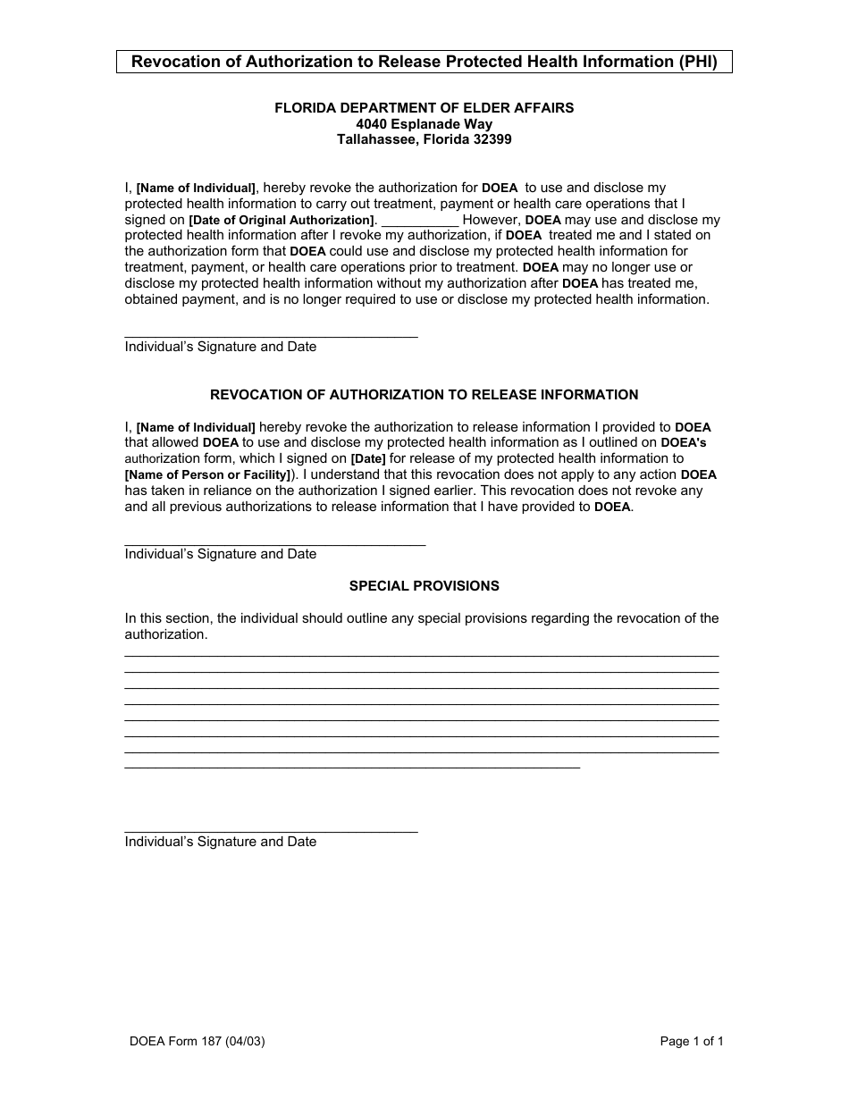 DOEA Form 187 Revocation of Authorization to Release Protected Health Information (Phi) - Florida, Page 1