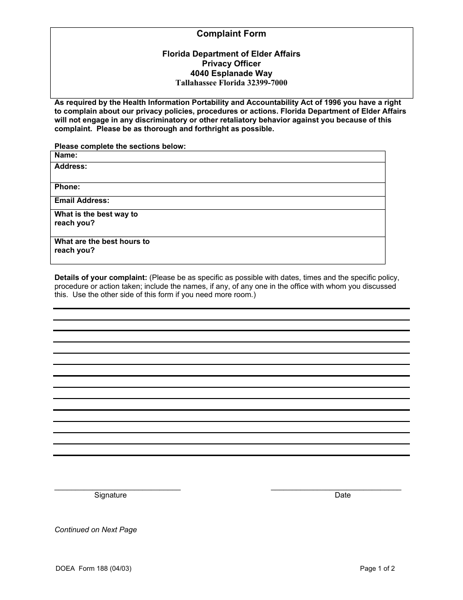 DOEA Form 188 Complaint Form - Florida, Page 1