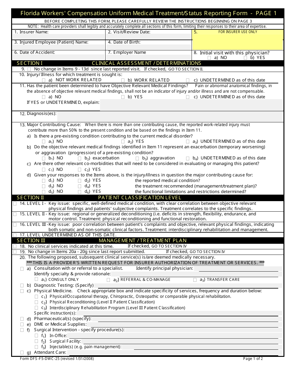 Form DFS-F5-DWC-25 Florida Workers Compensation Uniform Medical Treatment / Status Reporting Form - Florida, Page 1