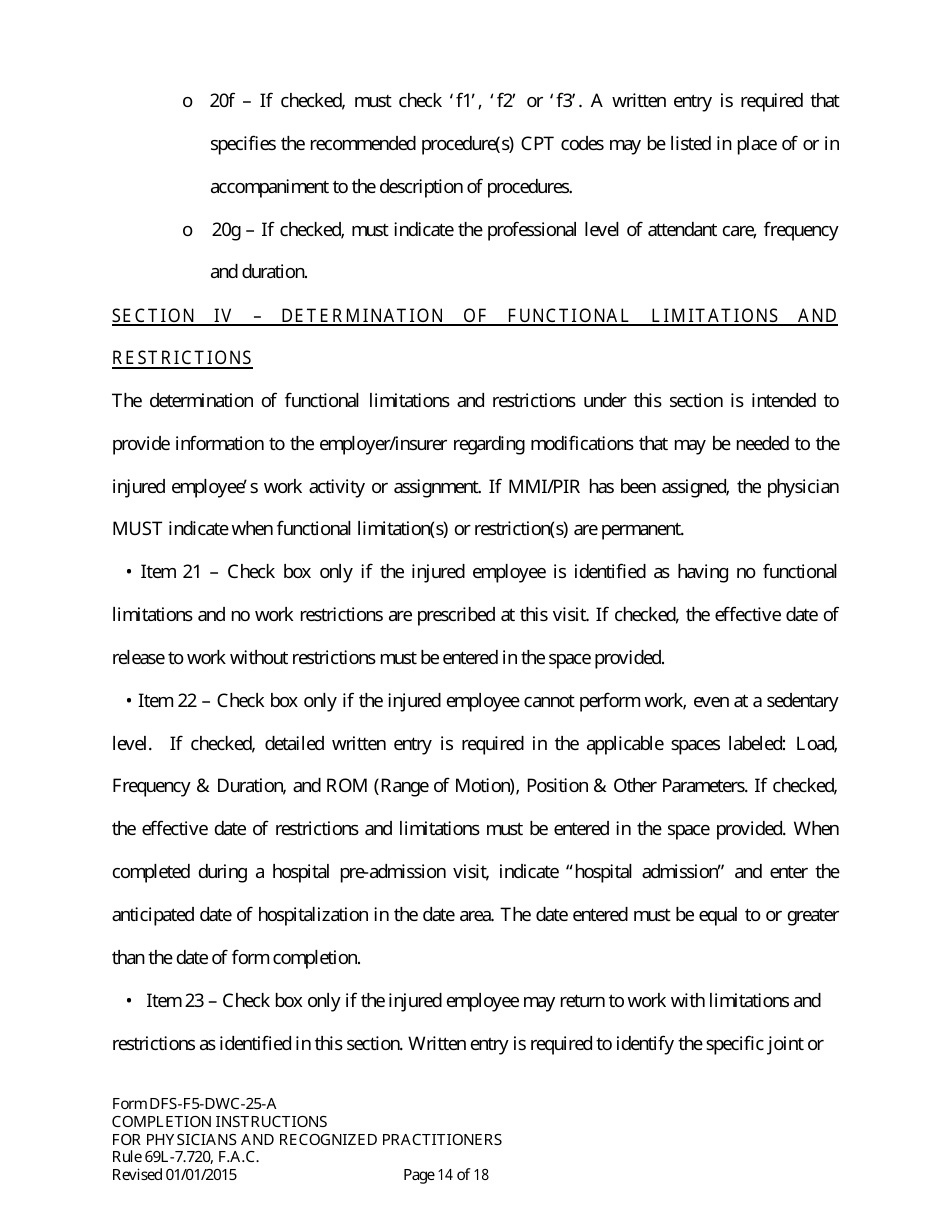 Instructions for Form DFS-F5-DWC-25 Florida Workers Compensation Uniform Medical Treatment / Status Reporting Form - Florida, Page 14