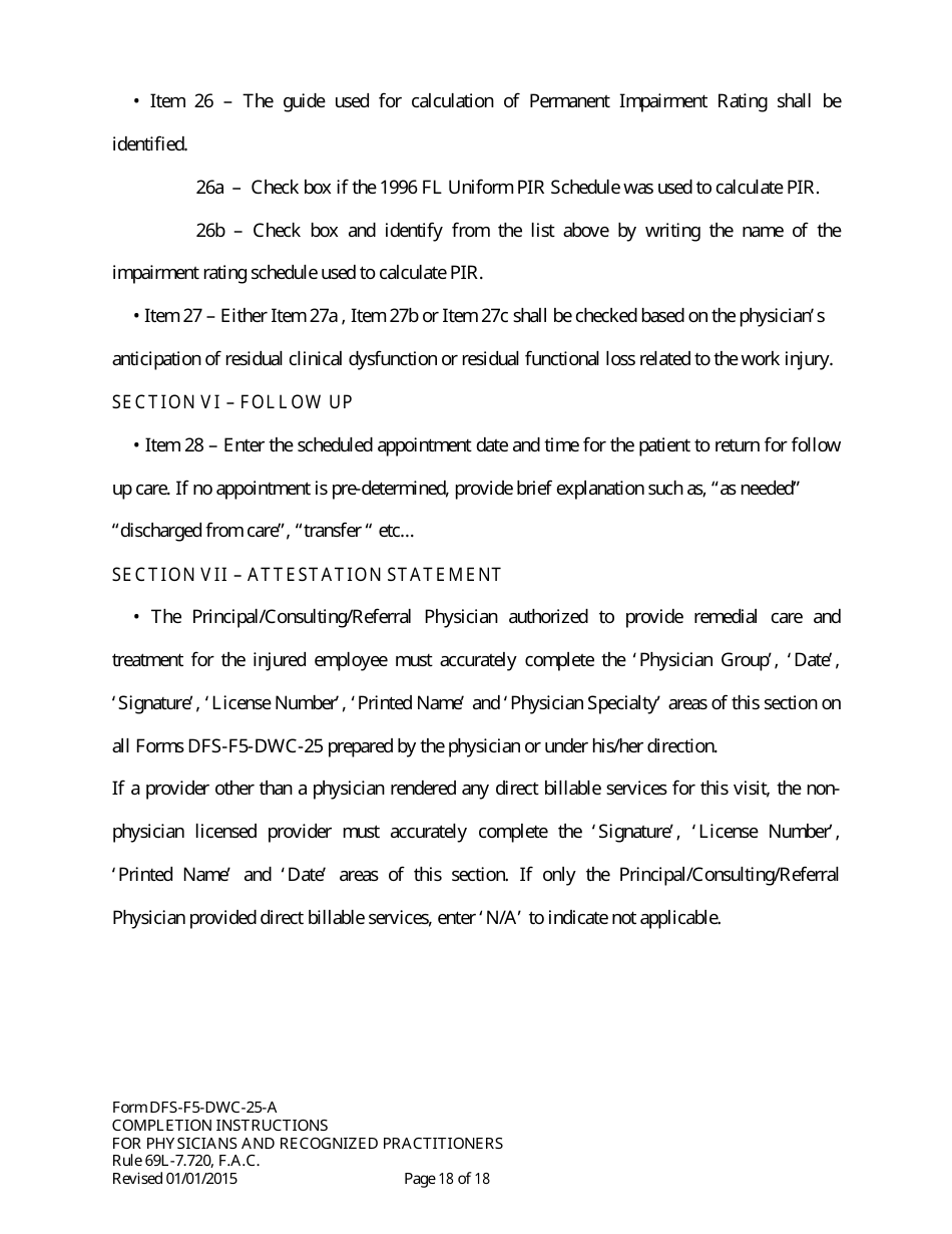 Instructions for Form DFS-F5-DWC-25 Florida Workers Compensation Uniform Medical Treatment / Status Reporting Form - Florida, Page 18