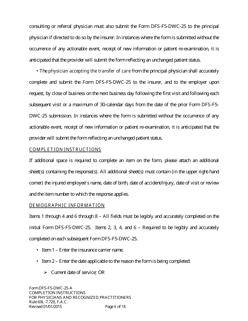 Instructions for Form DFS-F5-DWC-25 Florida Workers Compensation Uniform Medical Treatment / Status Reporting Form - Florida, Page 6