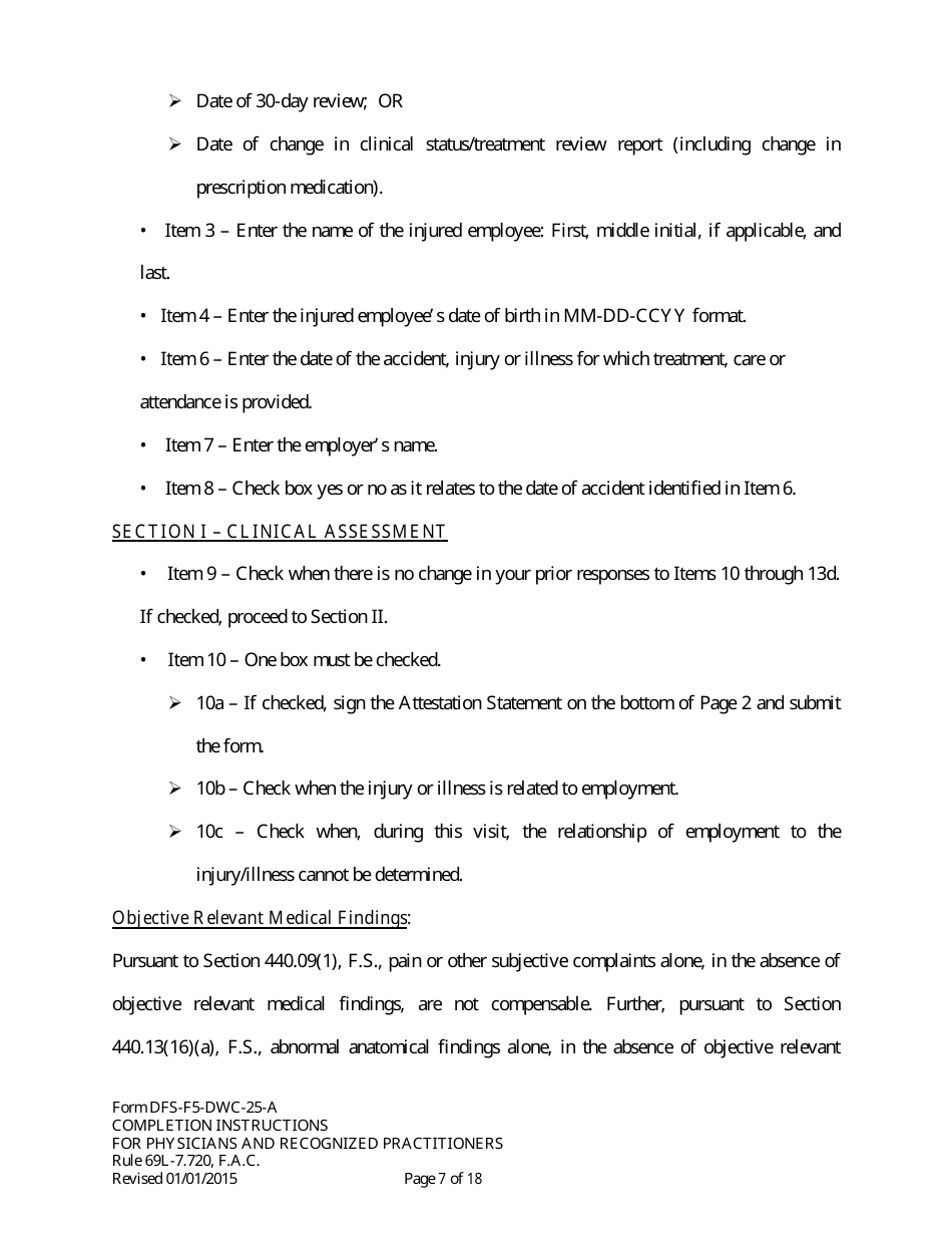 Instructions for Form DFS-F5-DWC-25 Florida Workers Compensation Uniform Medical Treatment / Status Reporting Form - Florida, Page 7