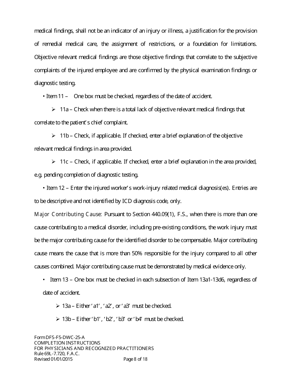 Instructions for Form DFS-F5-DWC-25 Florida Workers Compensation Uniform Medical Treatment / Status Reporting Form - Florida, Page 8