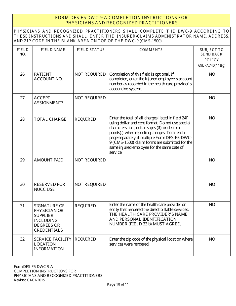 Instructions for Form DFS-F5-DWC-9 Health Insurance Claim Form (Licensed Health Care Providers) - Florida, Page 10