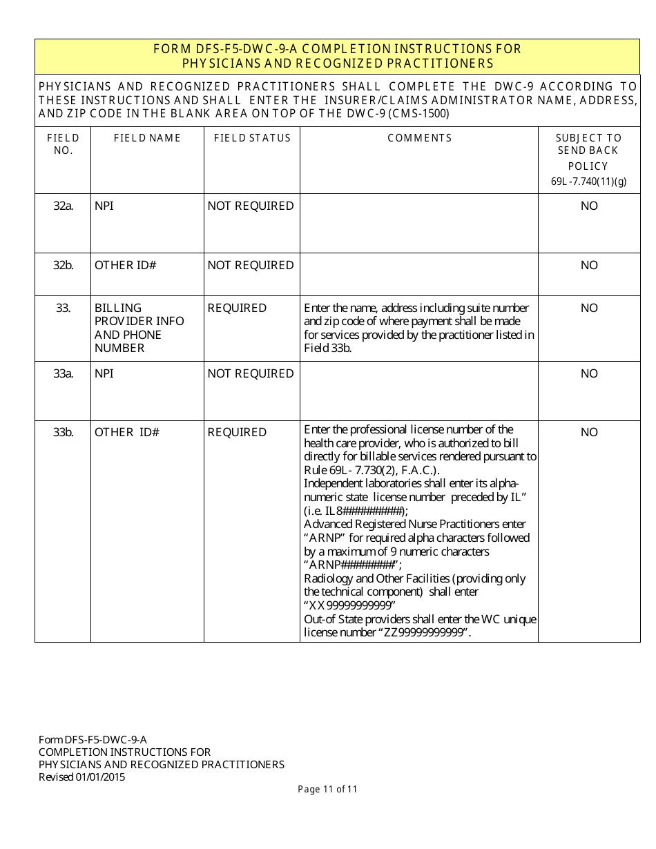 Instructions for Form DFS-F5-DWC-9 Health Insurance Claim Form (Licensed Health Care Providers) - Florida, Page 11