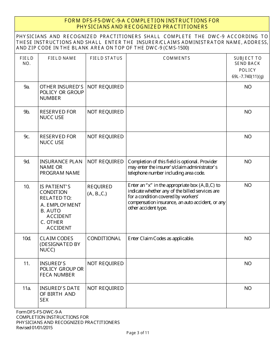 Instructions for Form DFS-F5-DWC-9 Health Insurance Claim Form (Licensed Health Care Providers) - Florida, Page 3