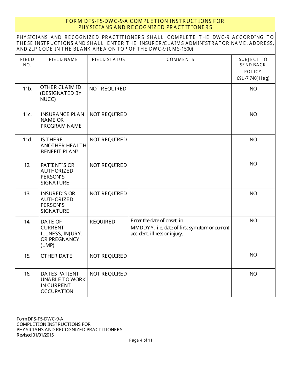 Instructions for Form DFS-F5-DWC-9 Health Insurance Claim Form (Licensed Health Care Providers) - Florida, Page 4