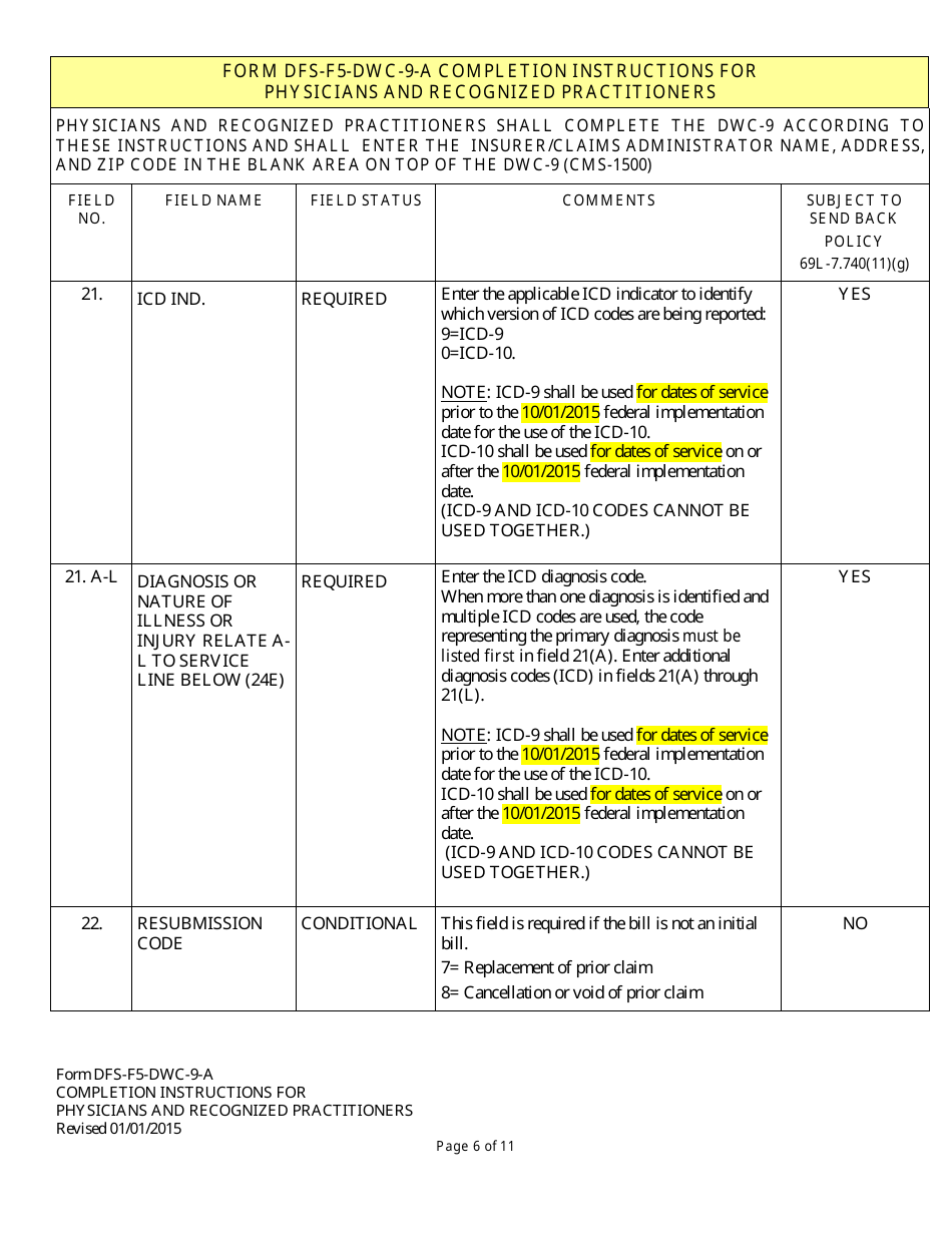 Instructions for Form DFS-F5-DWC-9 Health Insurance Claim Form (Licensed Health Care Providers) - Florida, Page 6