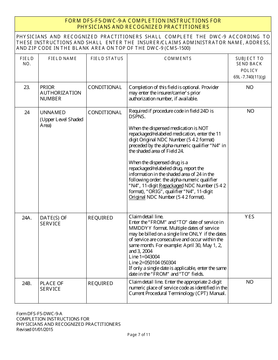 Instructions for Form DFS-F5-DWC-9 Health Insurance Claim Form (Licensed Health Care Providers) - Florida, Page 7