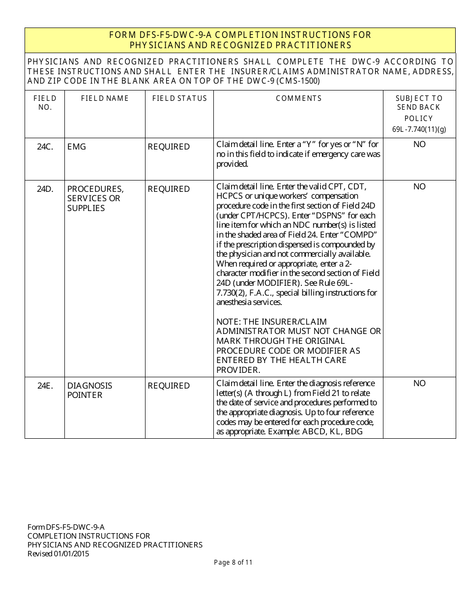 Instructions for Form DFS-F5-DWC-9 Health Insurance Claim Form (Licensed Health Care Providers) - Florida, Page 8