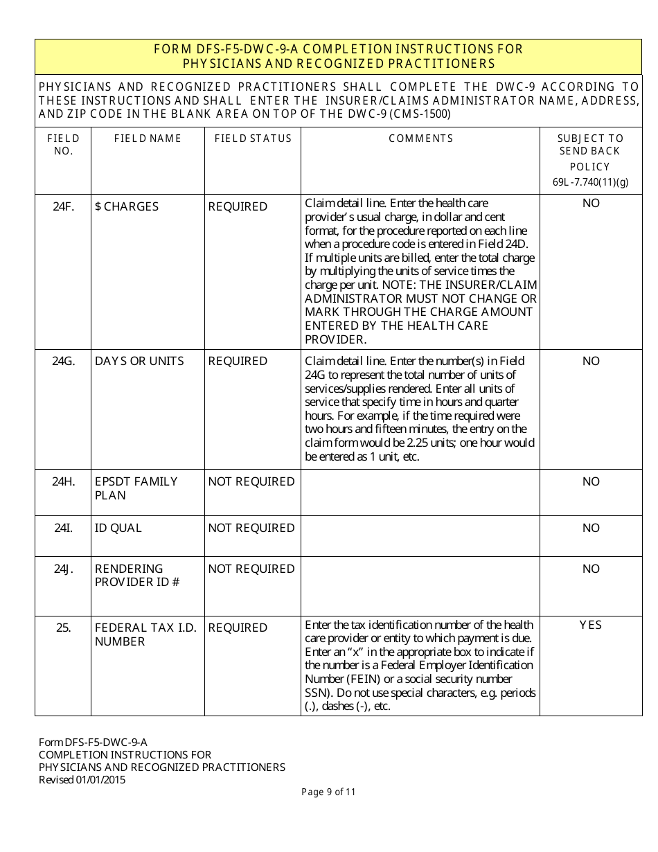 Instructions for Form DFS-F5-DWC-9 Health Insurance Claim Form (Licensed Health Care Providers) - Florida, Page 9