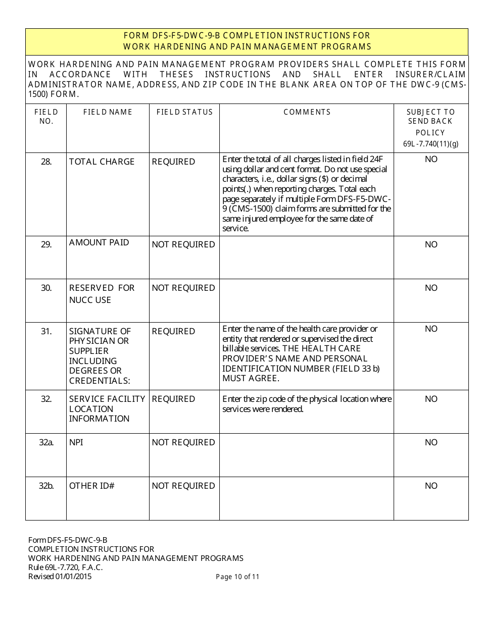 Instructions for Form DFS-F5-DWC-9 Health Insurance Claim Form (Work Hardening and Pain Management Programs) - Florida, Page 10