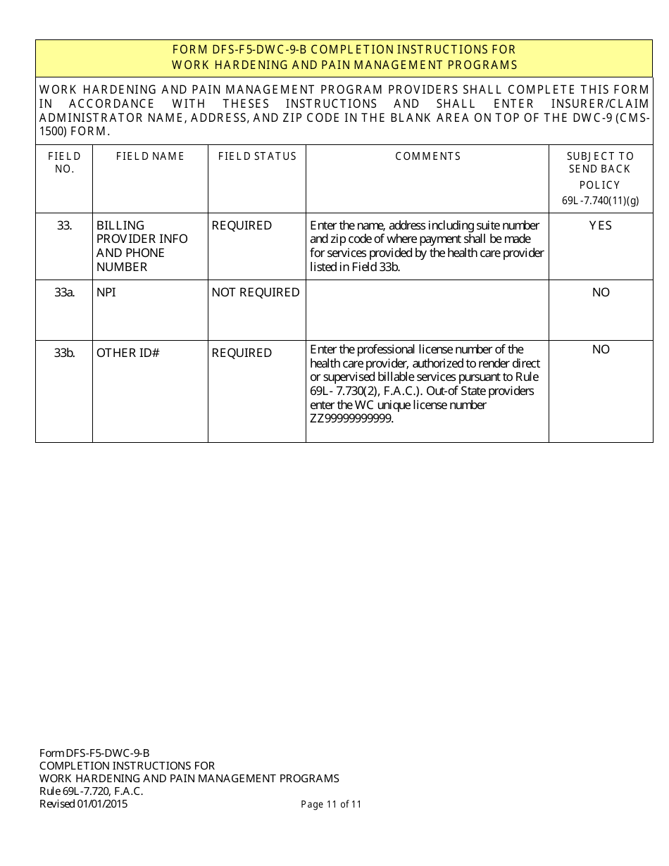 Instructions for Form DFS-F5-DWC-9 Health Insurance Claim Form (Work Hardening and Pain Management Programs) - Florida, Page 11