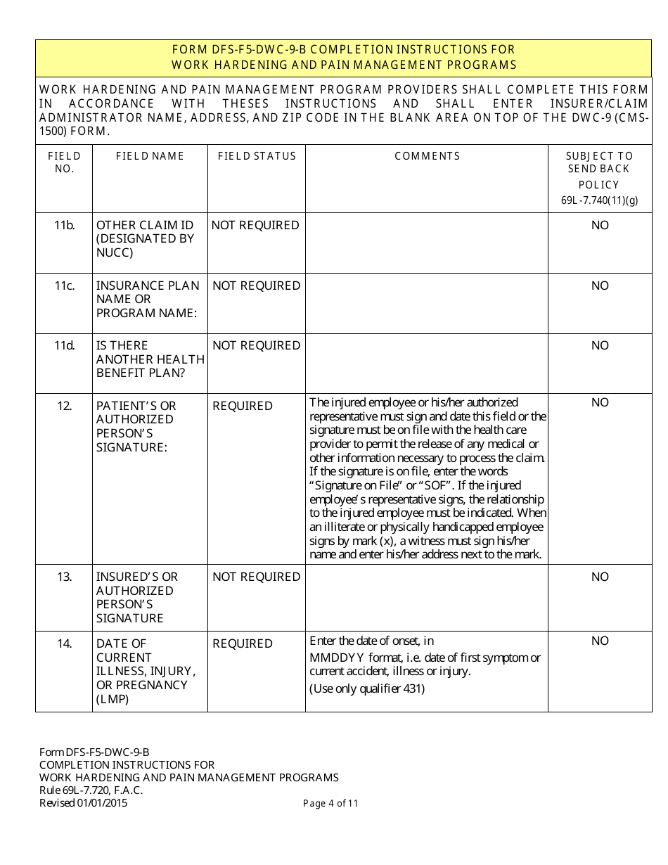 Instructions for Form DFS-F5-DWC-9 Health Insurance Claim Form (Work Hardening and Pain Management Programs) - Florida, Page 4