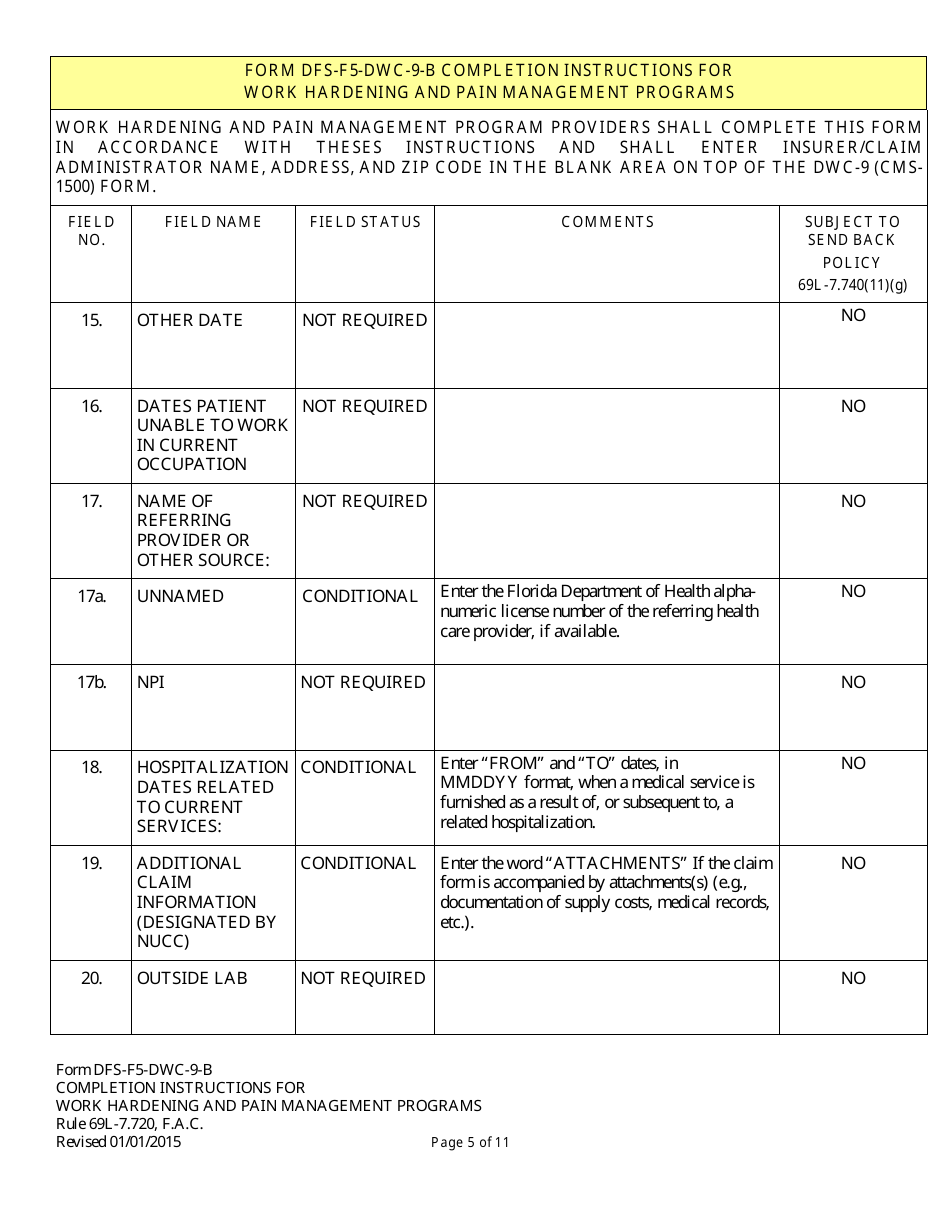 Instructions for Form DFS-F5-DWC-9 Health Insurance Claim Form (Work Hardening and Pain Management Programs) - Florida, Page 5