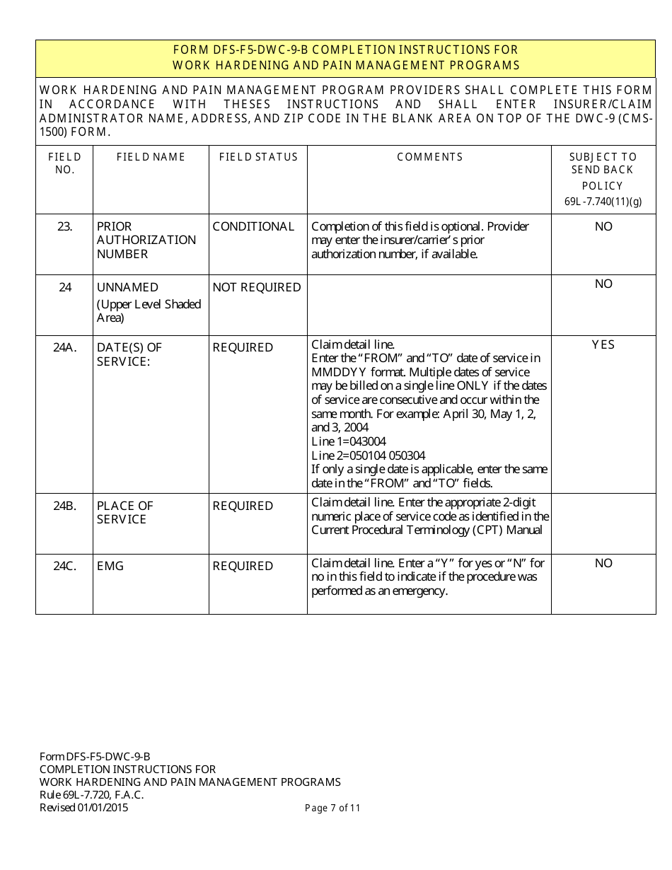 Instructions for Form DFS-F5-DWC-9 Health Insurance Claim Form (Work Hardening and Pain Management Programs) - Florida, Page 7